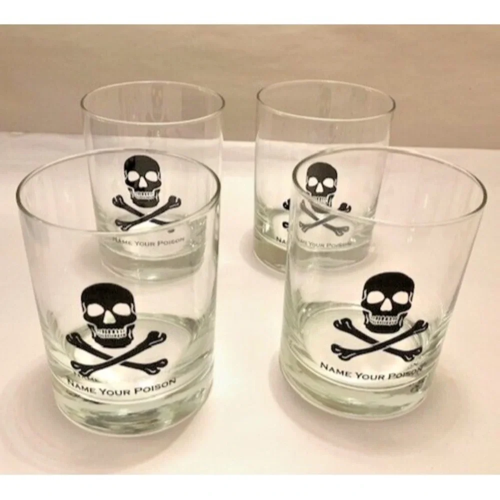 Halloween Skull Crossbones Name Your Poison Rocks Glass VTG MCM Glasses Set 4PC